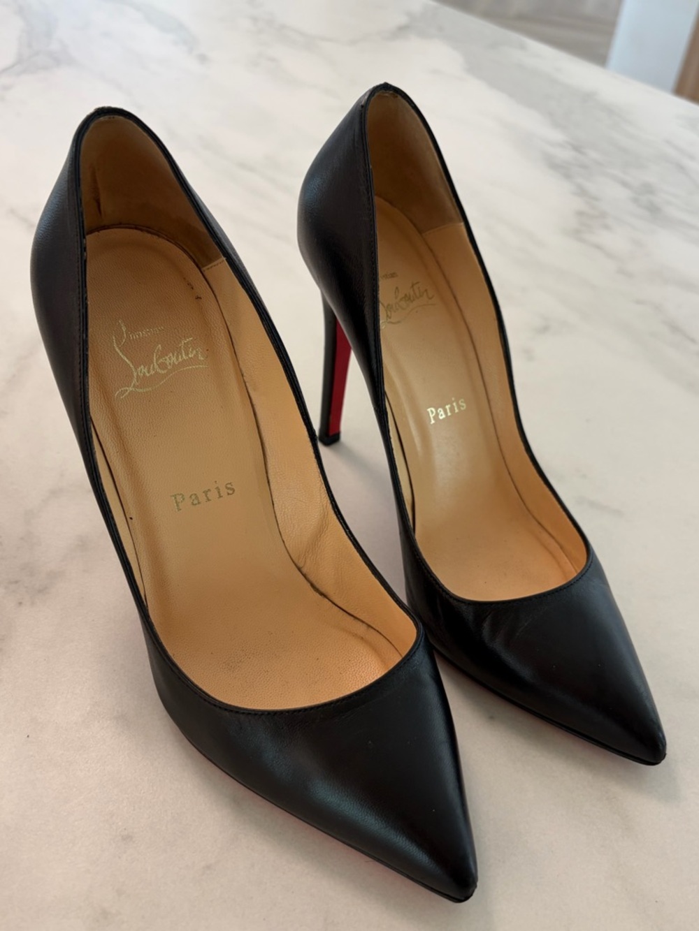 Christian Louboutin Black Leather Pointed Toe Pumps | Size 37 | Classic Red Sole